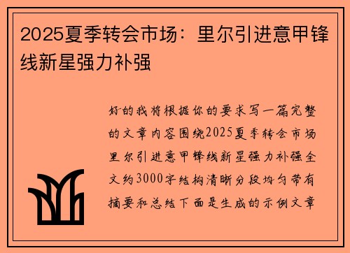 2025夏季转会市场:里尔引进意甲锋线新星强力补强 2025夏季转会市场:里尔引进意甲锋线新星强力补强